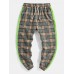 Mens Plaid Cotton Side Patchwork Drawstring Elastic Waist Jogger Pants With Pocket