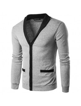 Classic Brief Fashion Neckline Sweatershirt Men’s Single  breasted Hit Color Knitting Cardigan