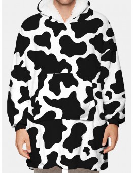 Mens Cow Pattern Print Flannel Two  Sided Oversized Blanket Hoodie With Pouch Pocket