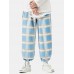 Mens Plaid Relaxed Fit Drawstring Cuff Pants With Pocket