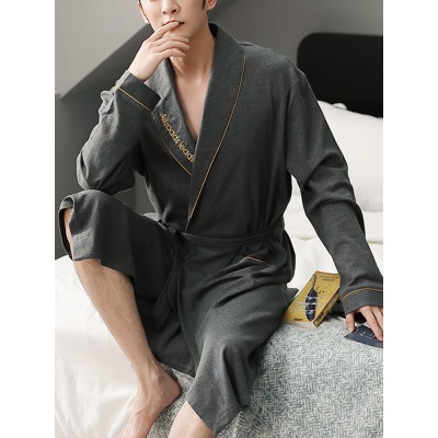 Mens Solid Color Letter Embroidery Double Pocket Lapel Sleepwear Robes With Sashes