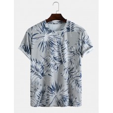 Mens Tropical Plant Print Crew Neck Holiday Short Sleeve T  Shirts