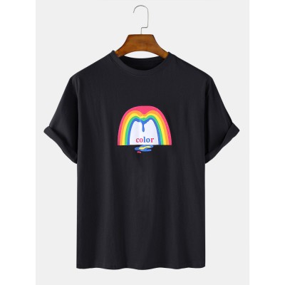 Mens Rainbow Graphic Print Cotton Round Neck Casual Short Sleeve T  Shirt