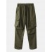 Mens Solid Applique Cotton Drawstring Cuff Cargo Pants With Multi Pockets