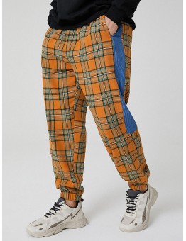 Mens Plaid Side Patchwork Drawstring Cotton Jogger Pants With Pocket