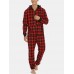 Mens Plaid Zipper Front Kangaroo Pocket Hooded One Piece Jumpsuit Home Warm Sleepwear