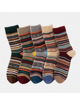 5 Pairs Men Rabbit Fur Wool Blend Geometric Striped Jacquard Color  match Thicken Warmth Socks