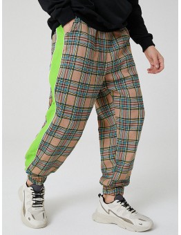 Mens Plaid Cotton Side Patchwork Drawstring Elastic Waist Jogger Pants With Pocket